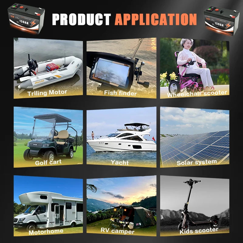 LiFePO4 12V 150Ah Lithium Battery 4000+ Deep Cycles, for Power Wheels, Radio, Kayak Fish Finder, Solar Power, Ride on Toys