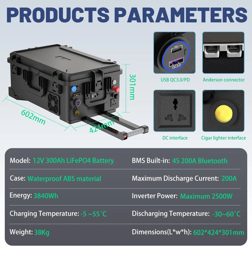 LiFePO4 12V 300Ah Battery Portable Power 3840Wh 1500W DC-AC All IN ONE Lithium Bluetooth BMS 6000+ Cycle IP56 USB PD QC EU STOCK