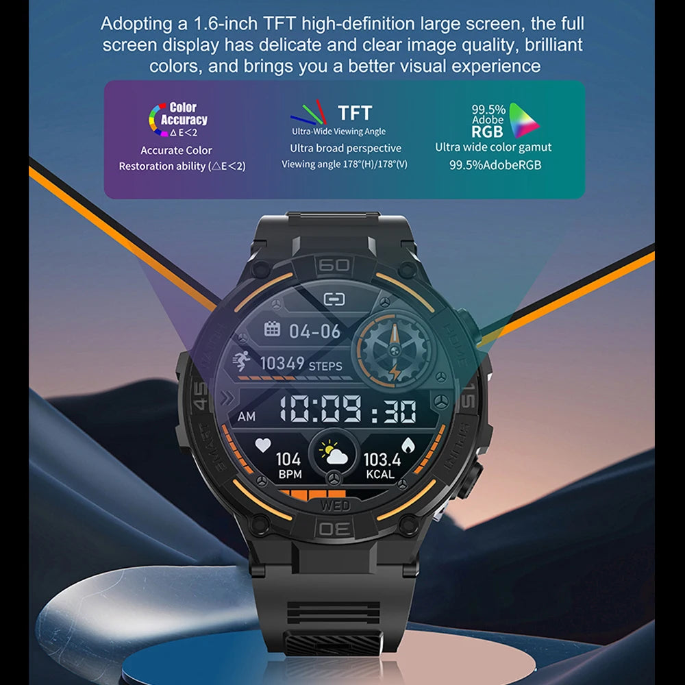 Outdoor Military Rugged Smartwatch Men Full Screen Touch 24 Hours Heart Rate 100+ Sports Mode Bluetooth Call Smartwatch