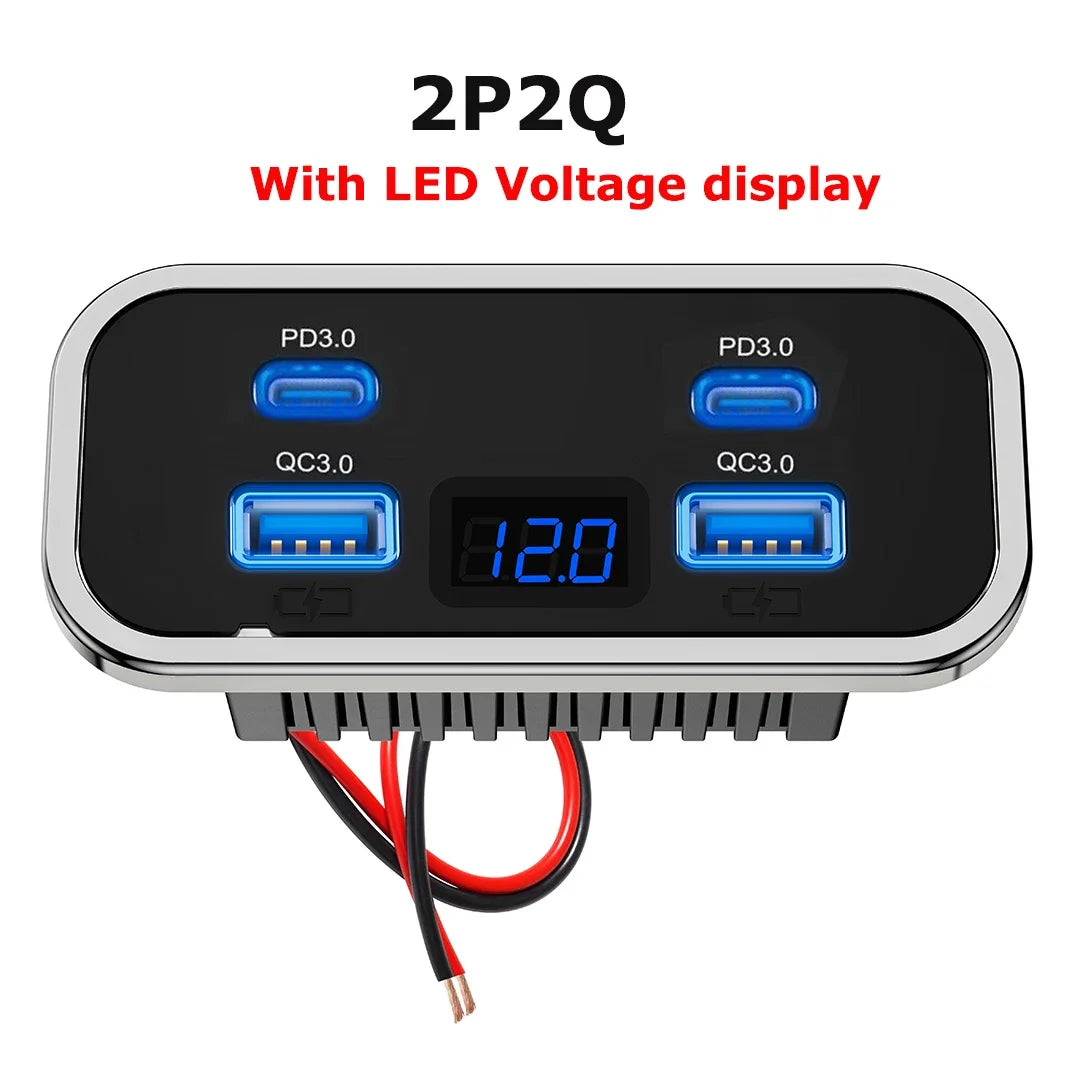 76W Dual PD Dual QC3.0 Type C USB Quick Charger 3.0 with Switch Fast Charging 4 Ports Power Panel For Bus ATV Car Truck Marine