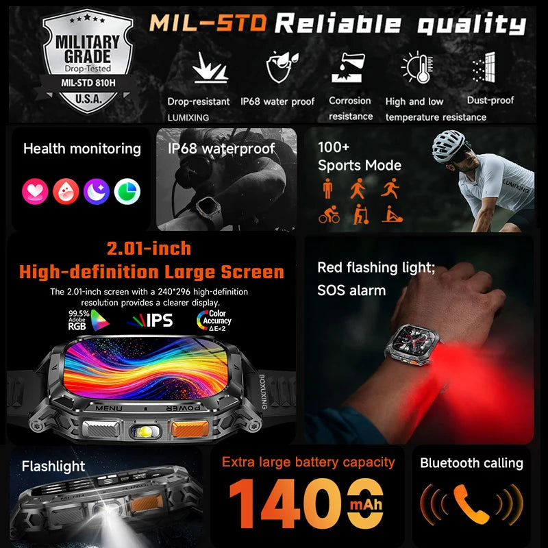 Rugged Military 1400mAh Battery Smart Watch Fitness Tracking IP68 Waterproof Tactical Sports Flashlight 2026 New Men Smartwatch