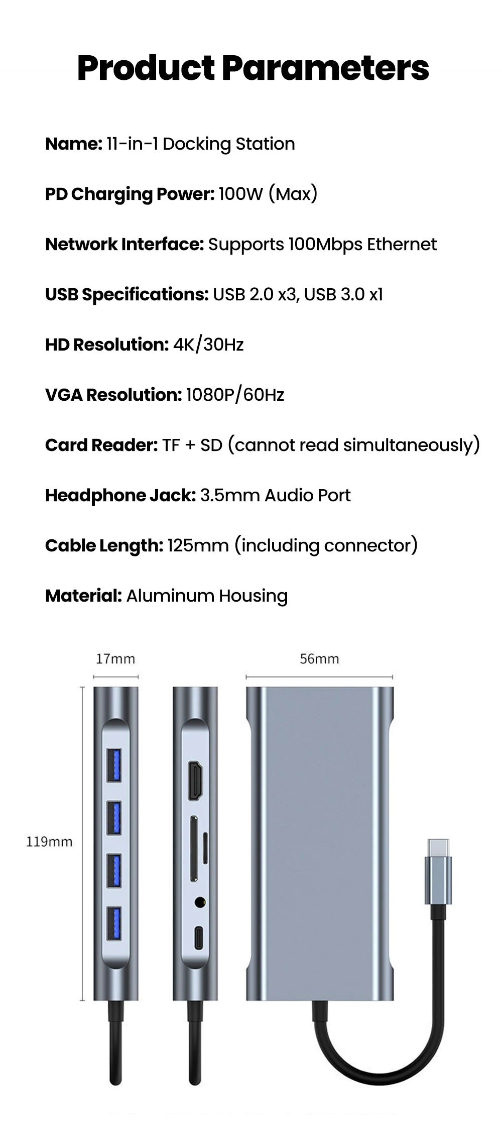 11-in-1 Type-C Docking Station USB C Splitter to USB3.0/USB2.0/4K HDMI/VGA/PD 87W/100M RJ45/AUX/SD/TF Adapter For Laptop Macbook