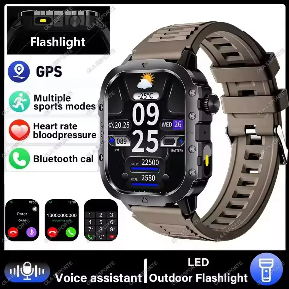 Military Smart Watch Men Waterproof Outdoor Sports Tracker LED Flashlight Bluetooth Call Men Smartwatch For Android iOS