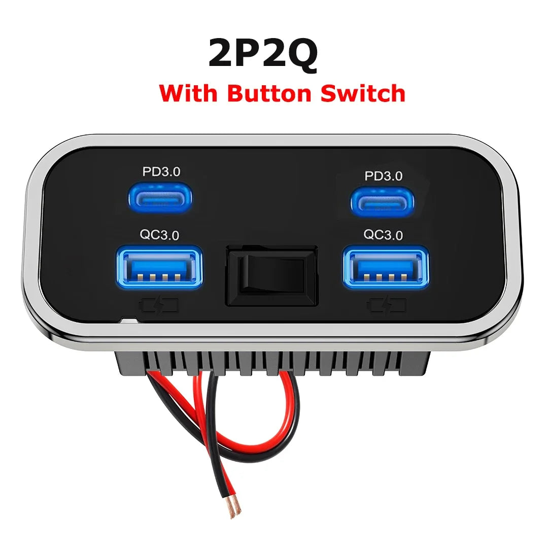 76W Dual PD Dual QC3.0 Type C USB Quick Charger 3.0 with Switch Fast Charging 4 Ports Power Panel For Bus ATV Car Truck Marine