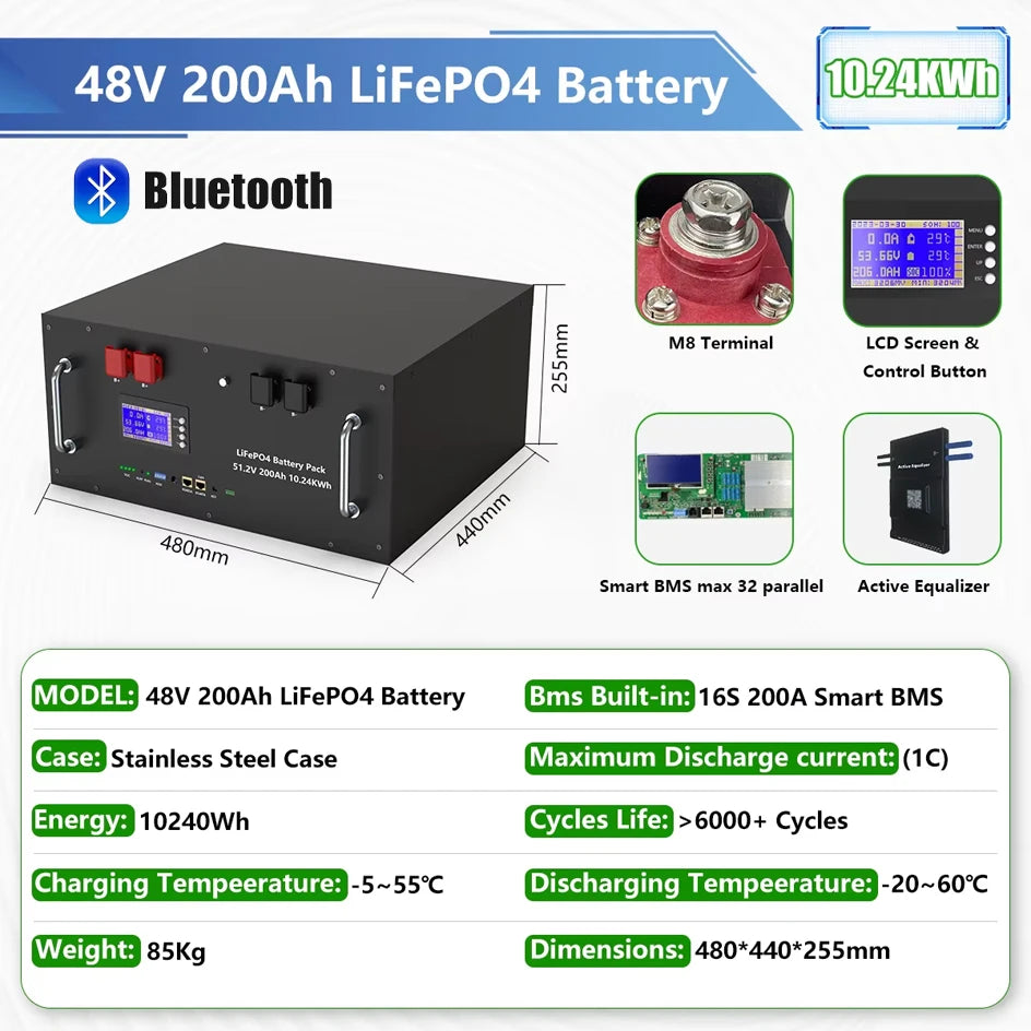 LiFePO4 48V 300Ah Battery Pack 6000 Cycles Bluetooth RS485 CAN BMS 51.2V 100Ah 120Ah 150Ah 200Ah Lithium Battery EU STOCK NO TAX