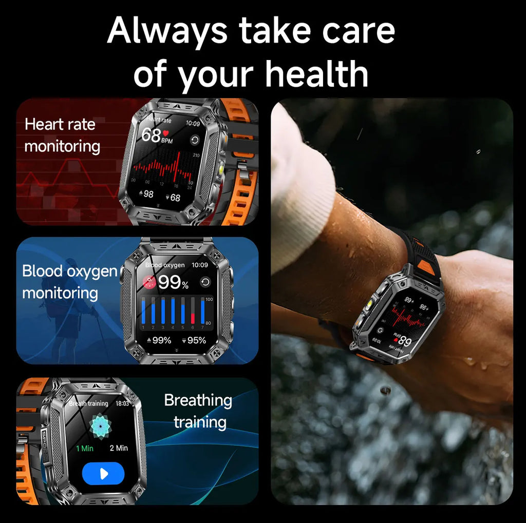 2026 Military 5ATM Waterproof Smart Watch Men 1400mAh Battery GPS Tracks 2.01" HD AMOLED Bluetooth call Sport Fitness Smartwatch