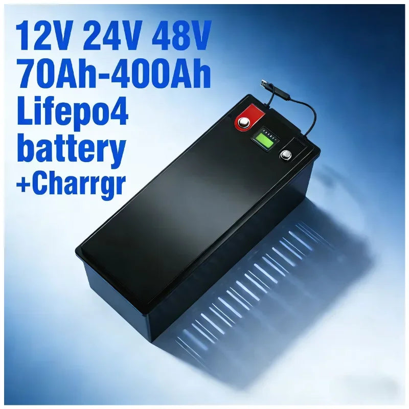 LiFePO4 Battery 12V 24V 48V 70Ah-400Ah | Deep Cycle Lithium Iron Phosphate Battery with Charger | Perfect for Solar Panel System
