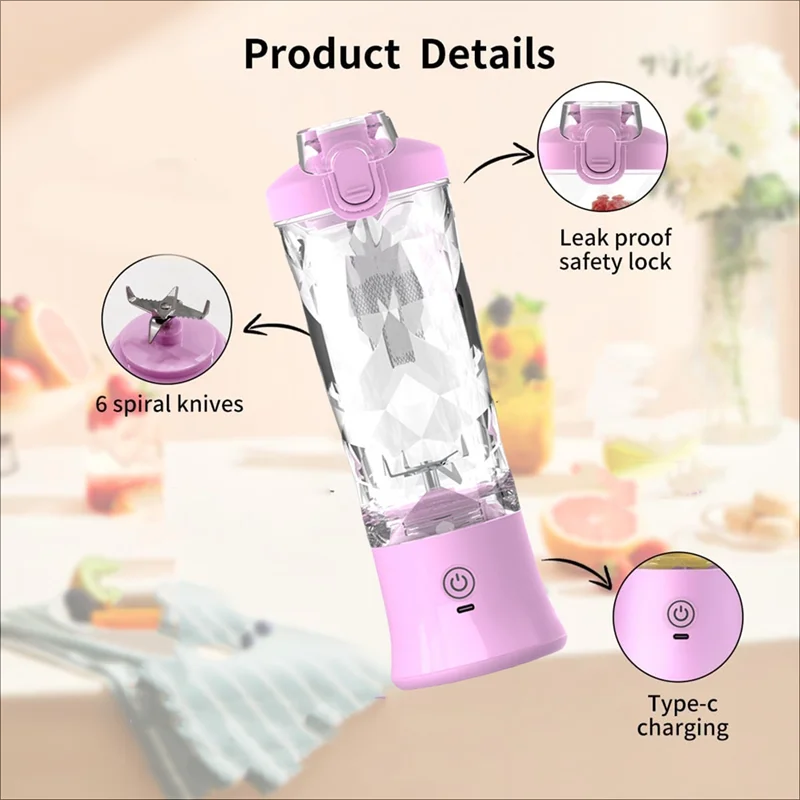 B59B-Portable Blender, Personal Juicer Machine, 600Ml Juice Machine USB Rechargeable, Compact & Leak-Proof