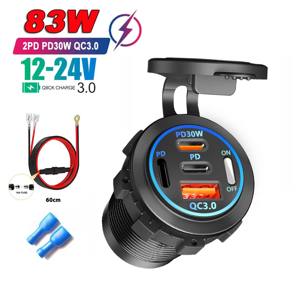 86W 4-Ports USB Charger with LED Voltmeter Dual PD & Dual QC3.0 Fast Charging Adapter Waterproof For 12/24V Car Boat Motorcycle