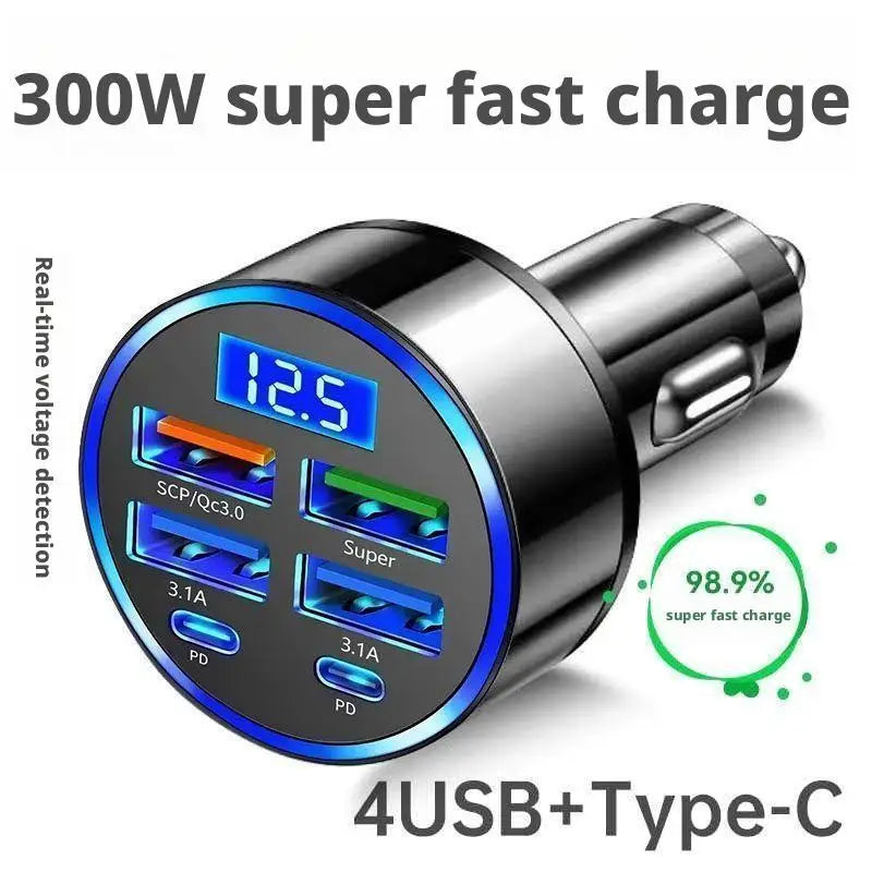 4USB+2PD Fast Charging 300W Car Charger 4 Ports USB Super Charger Type C PD Quick Charge 3.0 Car Charger With Voltage Display