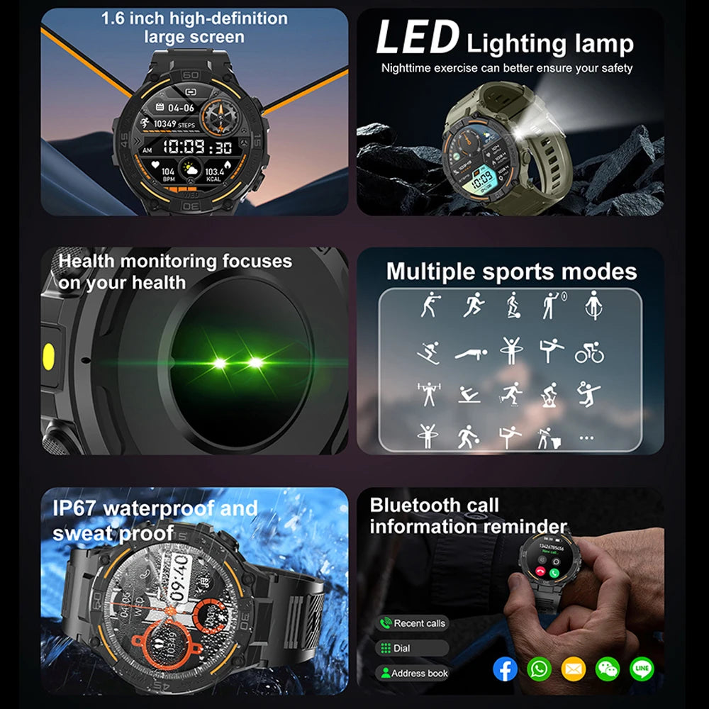 Outdoor Military Rugged Smartwatch Men Full Screen Touch 24 Hours Heart Rate 100+ Sports Mode Bluetooth Call Smartwatch