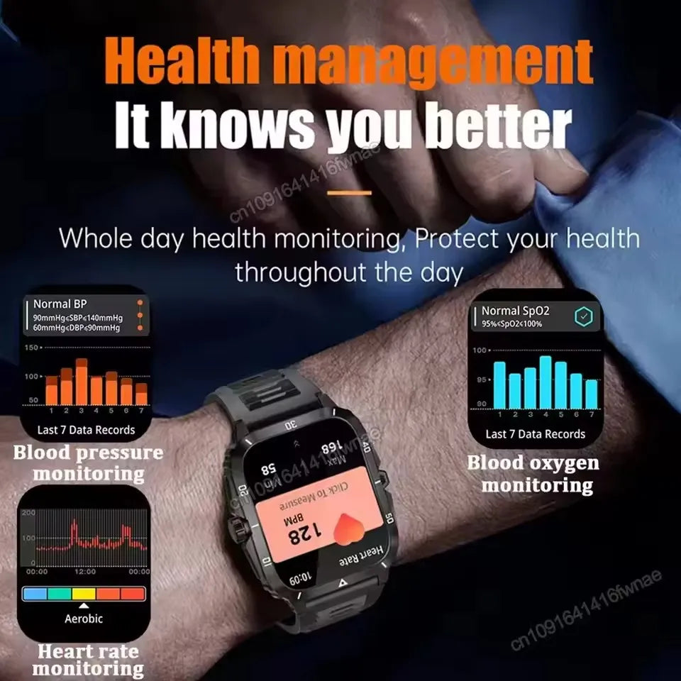 Smart Watch 3ATM Waterproof 1.96" IPS Screen Military KT71 Men 100+ Sport Mode Heart Rate Blood Pressure Bluetooth Call