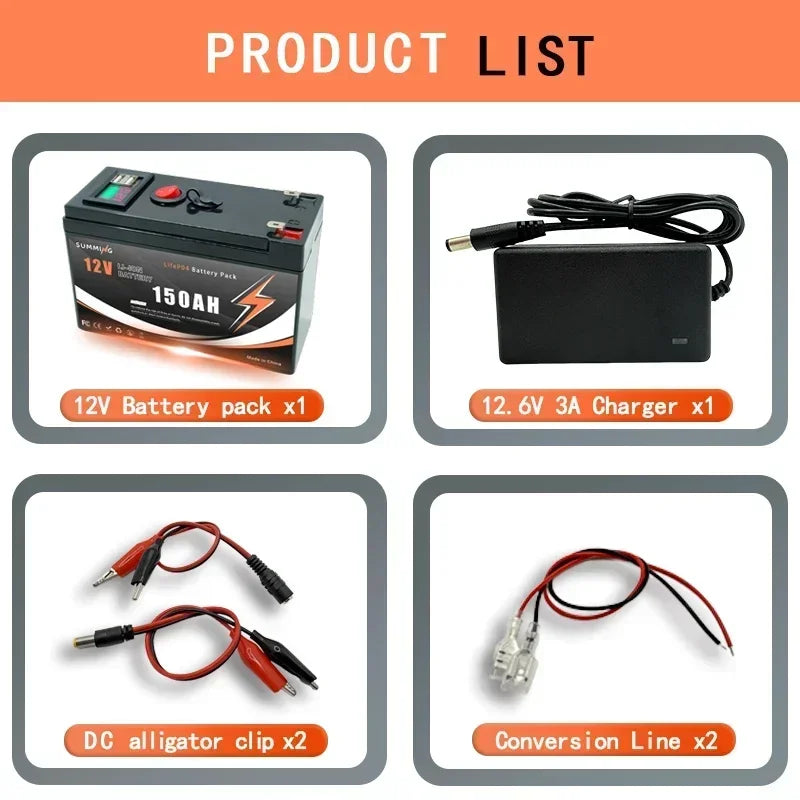 12V LiFePO4 150Ah Lithium Battery 4300+ Deep Cycles, for Power Wheels Toys, Scooter, Radio, Kayak Fish Finder, Solar Panel