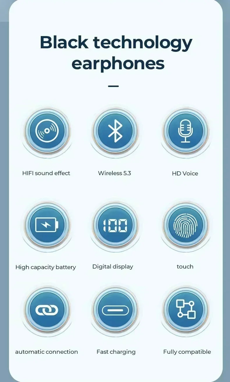 Wireless Earphone Noise Reduction Bluetooth LDE Power Display Earbuds in-Ear Headsets with Mic Touch Control for Phone