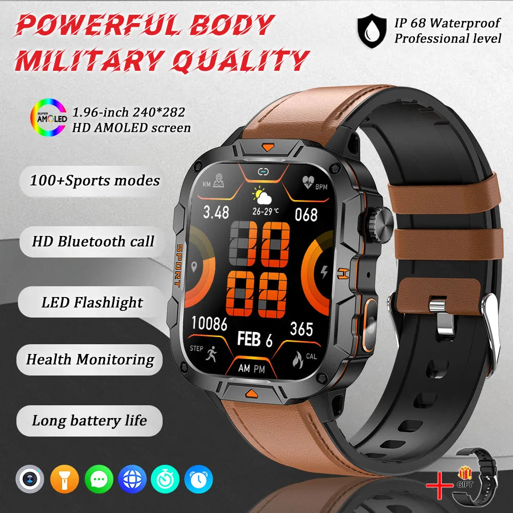 2026 New Rugged Smart Watch Men 1.96" AMOLED BT Call 5ATM Waterproof GPS Heart Rate Monitor LED Flashlight Military Sports Watch