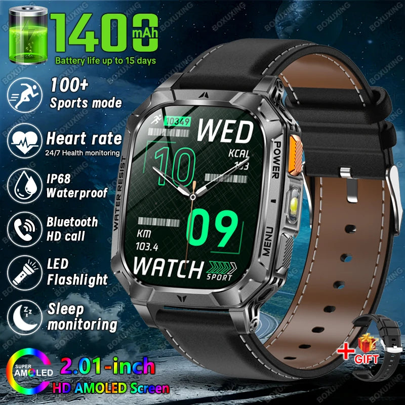 Rugged Military 1400mAh Battery Smart Watch Fitness Tracking IP68 Waterproof Tactical Sports Flashlight 2026 New Men Smartwatch