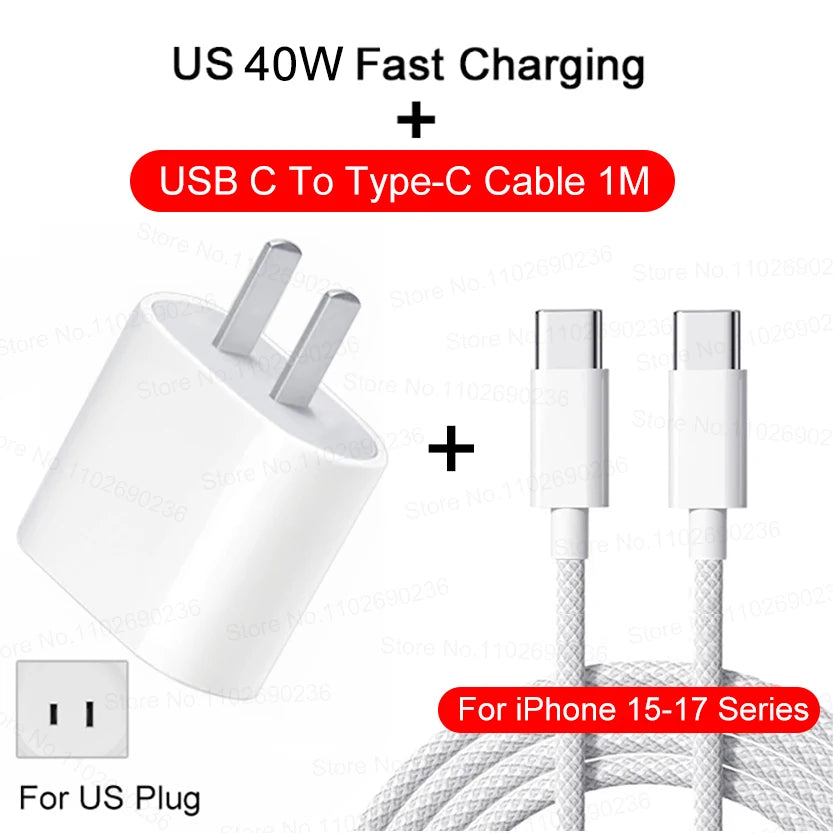 PD 40W Phone Fast Charger For iPhone 17 16 15 14 13 12 11 Pro Max 8 Plus iPad Fast Charging Type C Charge Cable USB C Data Line