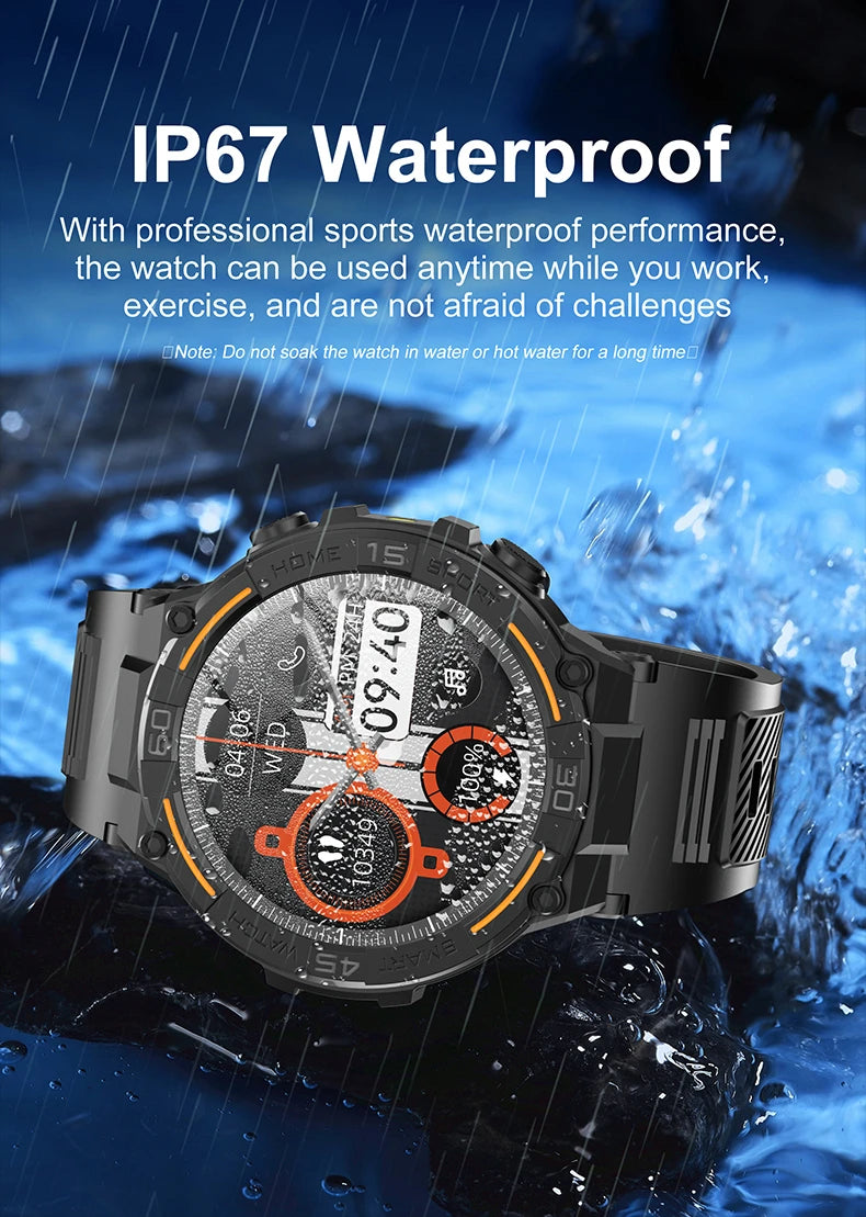 Outdoor Military Rugged Smartwatch Men Full Screen Touch 24 Hours Heart Rate 100+ Sports Mode Bluetooth Call Smartwatch