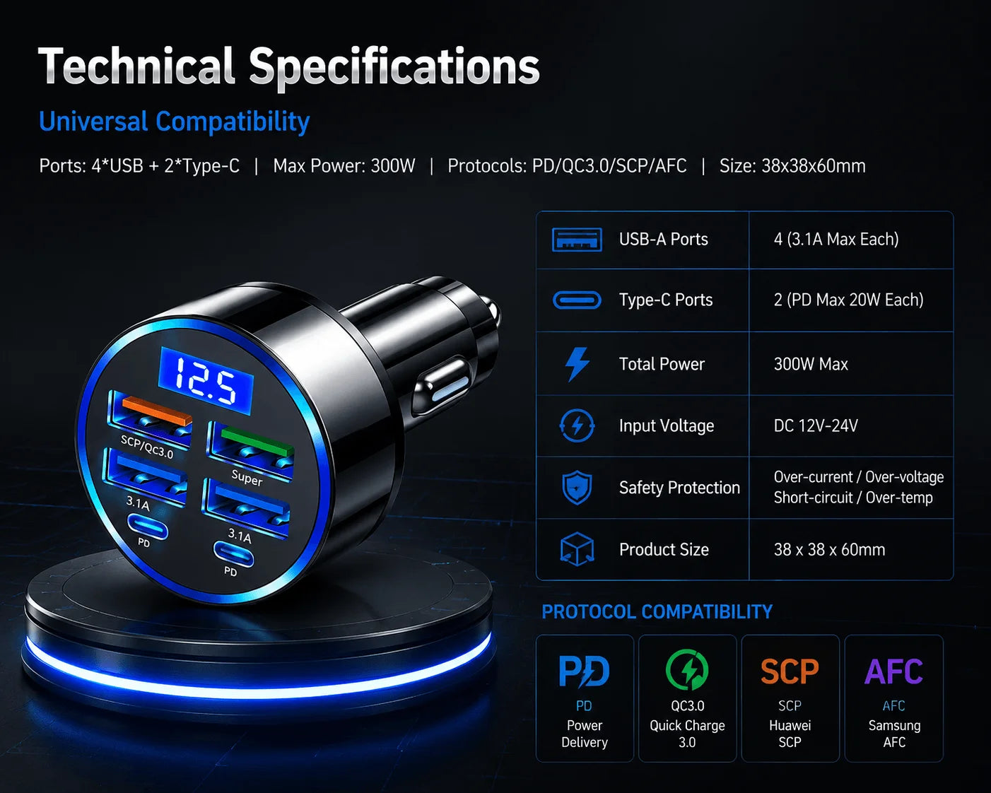 300W 6-Port Car Charger Dual Type-C PD QC3.0 Digital Display Fast Charging for Smartphones Tablets Power Banks Black