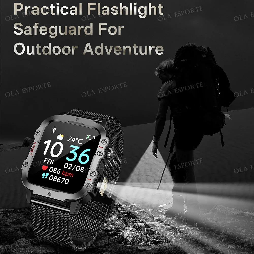 Military Outdoor Smart Watch Men’s GPS Tracking Flashlight Bluetooth Call 2.01" AMOLED Screen 5ATM Waterproof Sports Smartwatch
