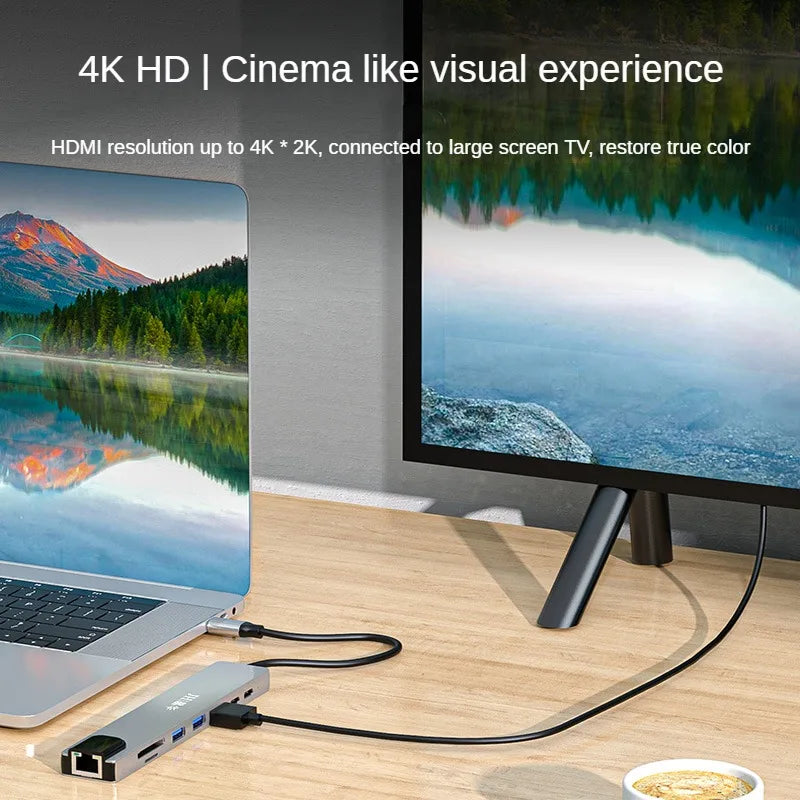 Jinhua 8-in-1 Type-C Docking Station With HDMI 4K, USB 3.0, 100Mbps Ethernet, SD/TF, PD Charging For Laptop