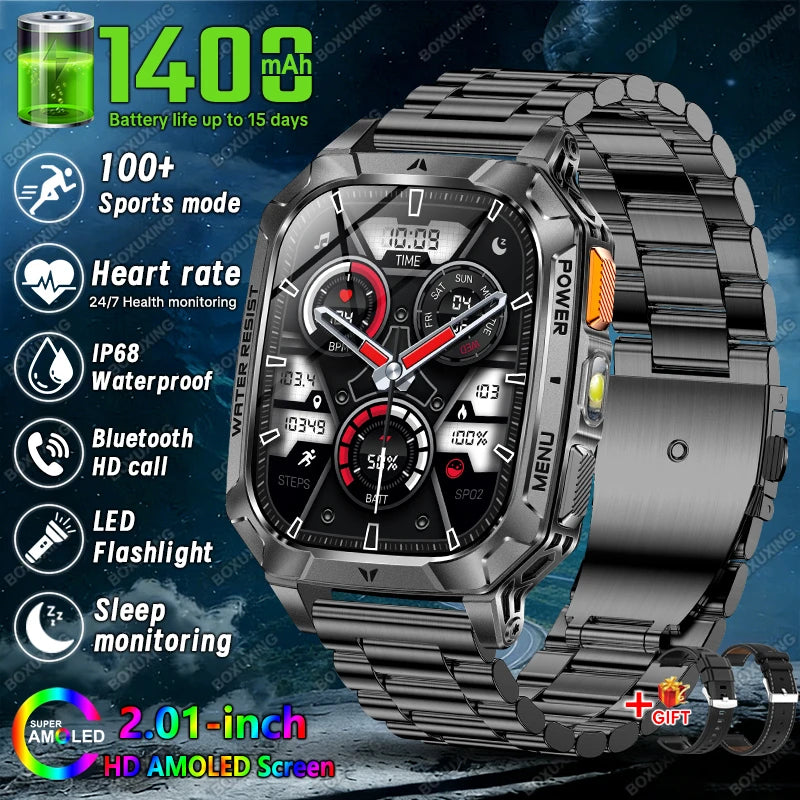 Rugged Military 1400mAh Battery Smart Watch Fitness Tracking IP68 Waterproof Tactical Sports Flashlight 2026 New Men Smartwatch
