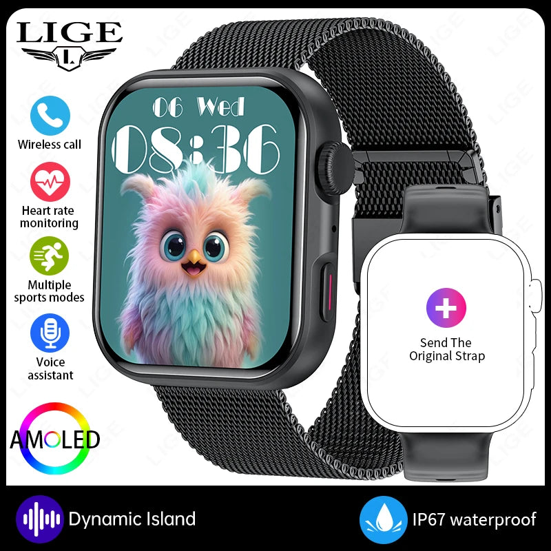 LIGE New Bluetooth Call 1.83" AMOLED Smart Watch For Android IOS Dynamic Island Men Women Sports Fitness Blood Oxygen Smartwatch
