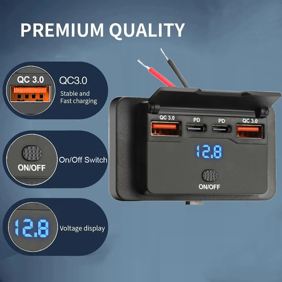 Dual PD Dual QC 3.0 USB Car Charger 12V RV USB Outlet Panel 108W Fast Charge Socket with Switch & Voltmeter for Boat Motorcycle