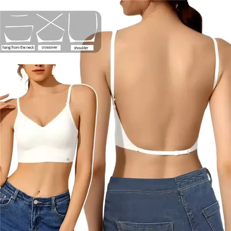Women Invisible Bra Deep U Plunge Bras Backless Top for Dresses Sexy Lingerie with Transparent Strap Push Up Strapless Underwea