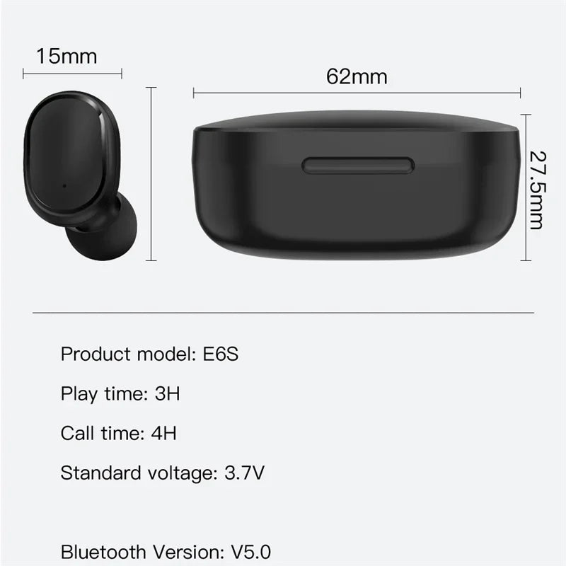 Wireless Bluetooth Earphones for Smartphones E6S TWS Digital Display Noise Cancelling Earbuds with Mic HiFi Stereo Sound Headset