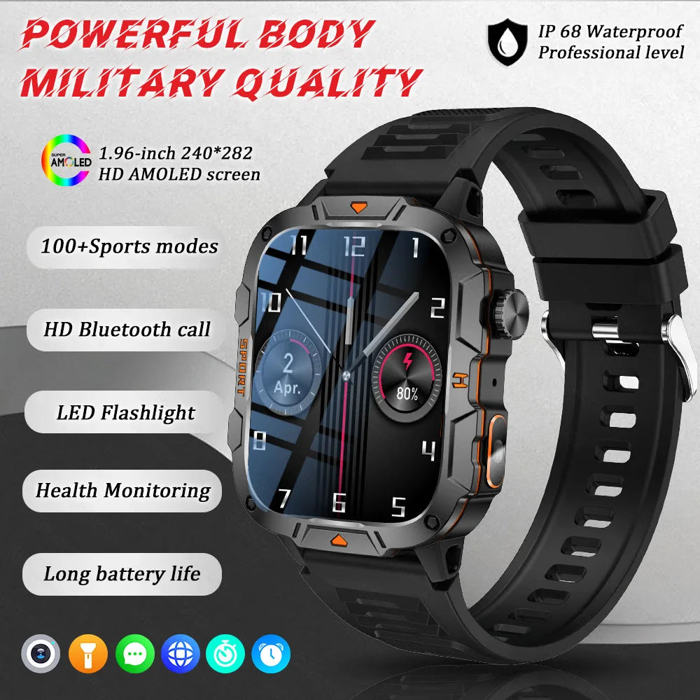 2026 New Rugged Smart Watch Men 1.96" AMOLED BT Call 5ATM Waterproof GPS Heart Rate Monitor LED Flashlight Military Sports Watch