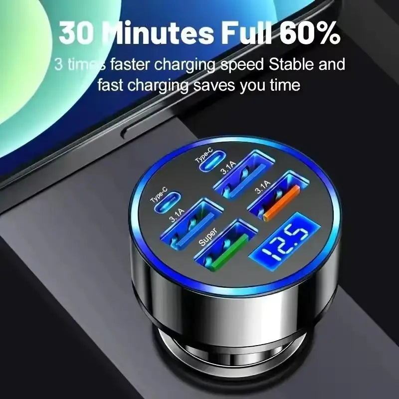 300W 4USB + 2PD Car Fast Charger  – 6 Ports Type C PD Quick Charge 3.0 Car Charger with LED Voltage Display