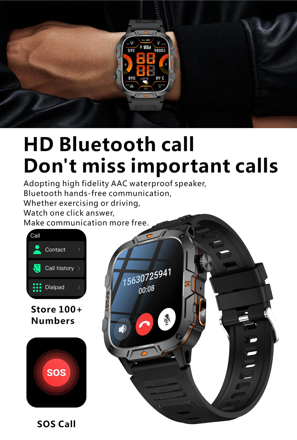 2026 New Rugged Smart Watch Men 1.96" AMOLED BT Call 5ATM Waterproof GPS Heart Rate Monitor LED Flashlight Military Sports Watch
