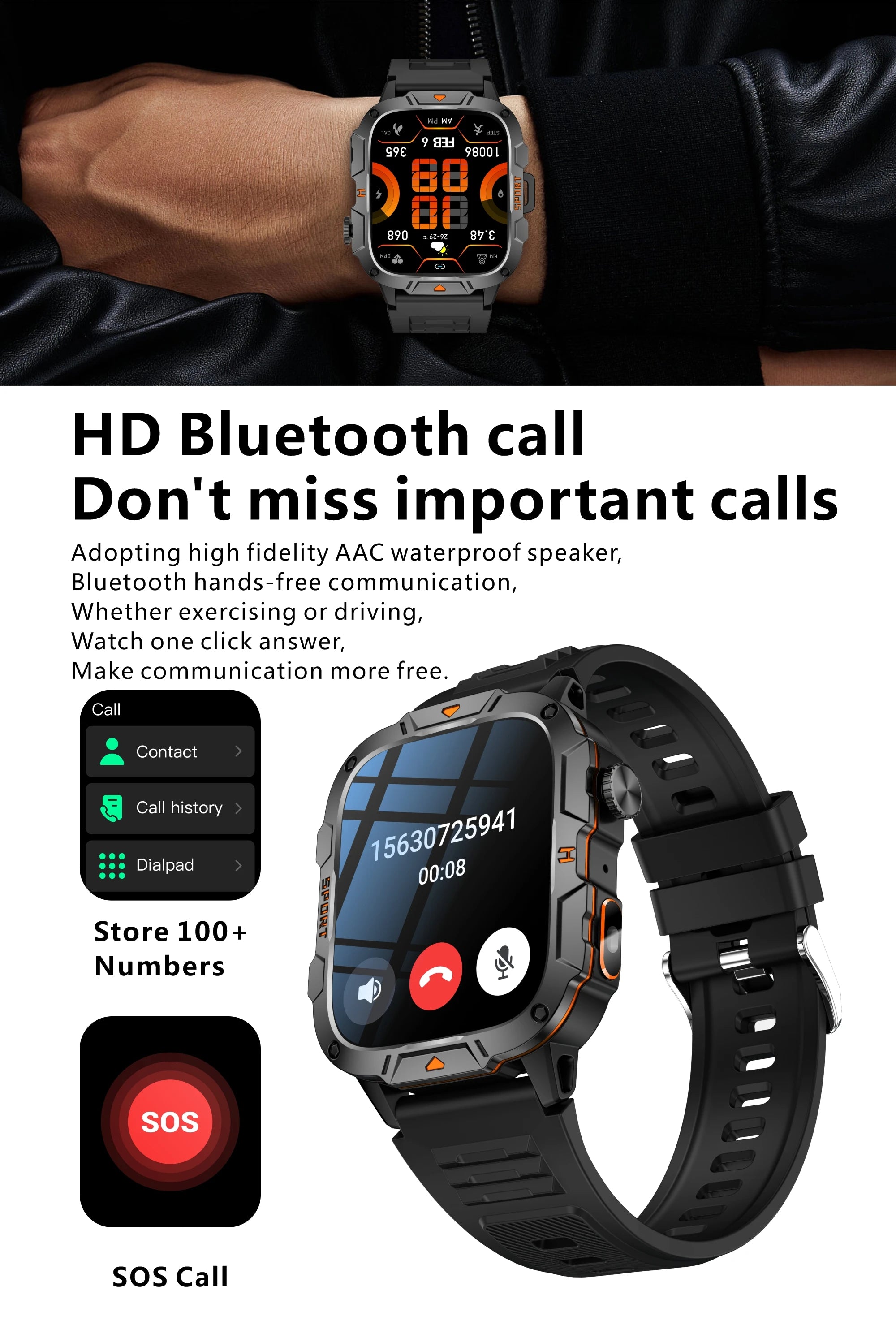 2026 New Rugged Smart Watch Men 1.96" AMOLED BT Call 5ATM Waterproof GPS Heart Rate Monitor LED Flashlight Military Sports Watch