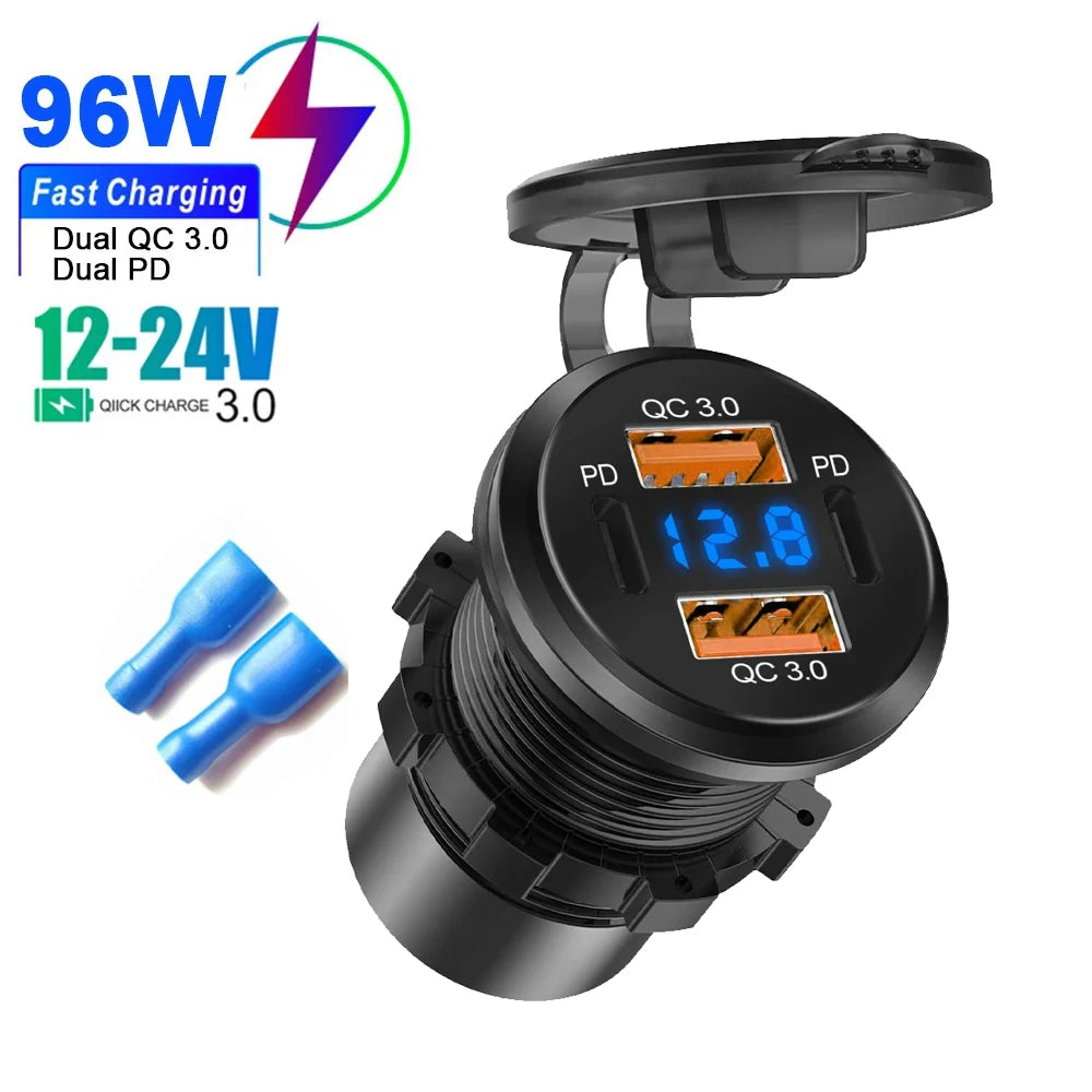 86W 4-Ports USB Charger with LED Voltmeter Dual PD & Dual QC3.0 Fast Charging Adapter Waterproof For 12/24V Car Boat Motorcycle