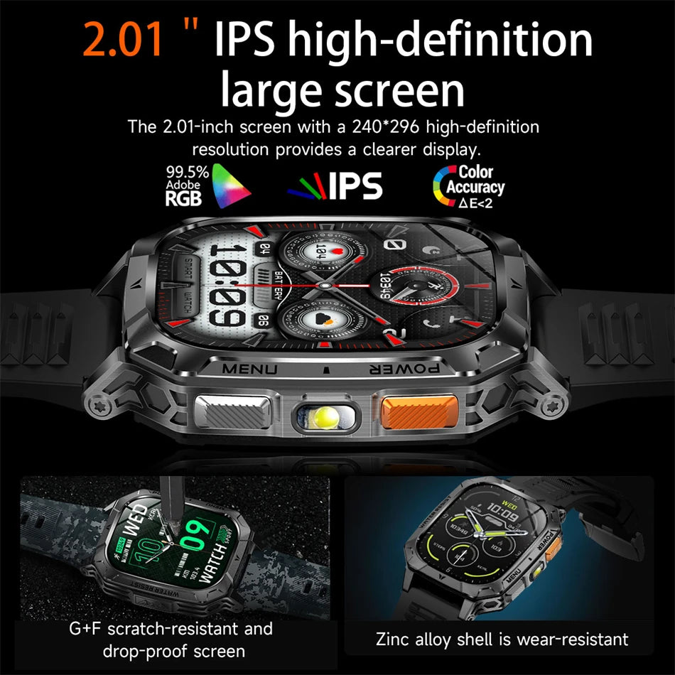 Rugged Military 1400mAh Battery Smart Watch Fitness Tracking IP68 Waterproof Tactical Sports Flashlight 2026 New Men Smartwatch