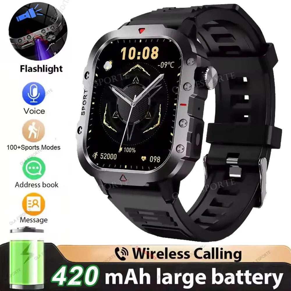 Military Outdoor Smart Watch Men’s GPS Tracking Flashlight Bluetooth Call 2.01" AMOLED Screen 5ATM Waterproof Sports Smartwatch