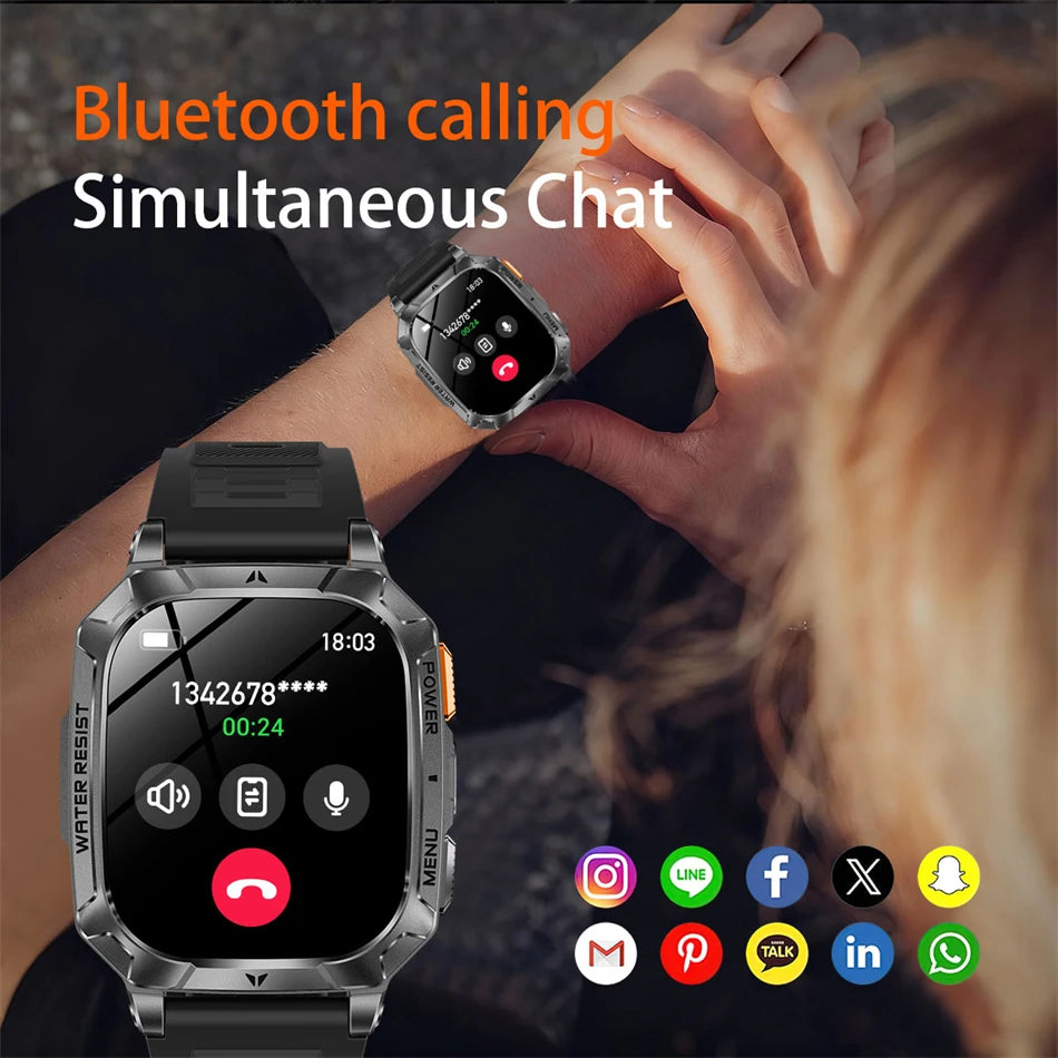 Rugged Military 1400mAh Battery Smart Watch Fitness Tracking IP68 Waterproof Tactical Sports Flashlight 2026 New Men Smartwatch