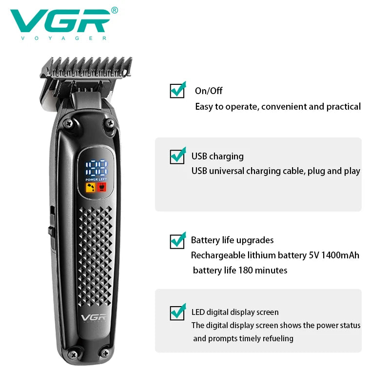 Original VGR Cordless Professional Hair Trimmer For Men Beard Trimmer USB Electric Hair Clipper Edge Razor Hair Cutter Machine