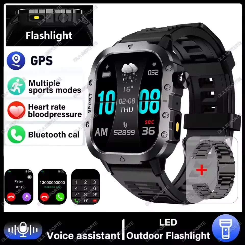 Military Smart Watch Men Waterproof Outdoor Sports Tracker LED Flashlight Bluetooth Call Men Smartwatch For Android iOS