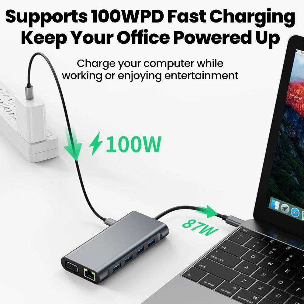 11-in-1 Type-C Docking Station USB C Splitter to USB3.0/USB2.0/4K HDMI/VGA/PD 87W/100M RJ45/AUX/SD/TF Adapter For Laptop Macbook