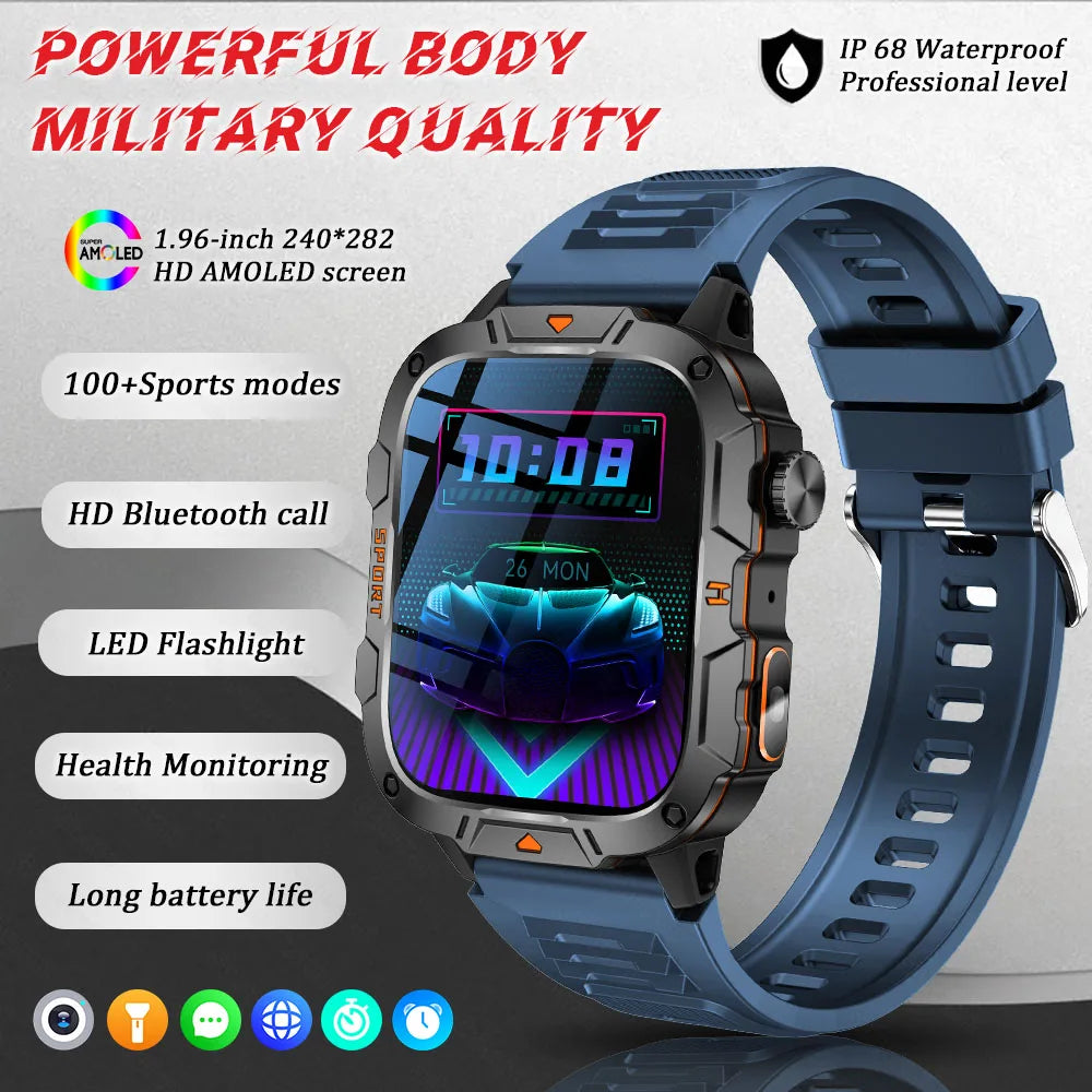 2026 New Rugged Smart Watch Men 1.96" AMOLED BT Call 5ATM Waterproof GPS Heart Rate Monitor LED Flashlight Military Sports Watch