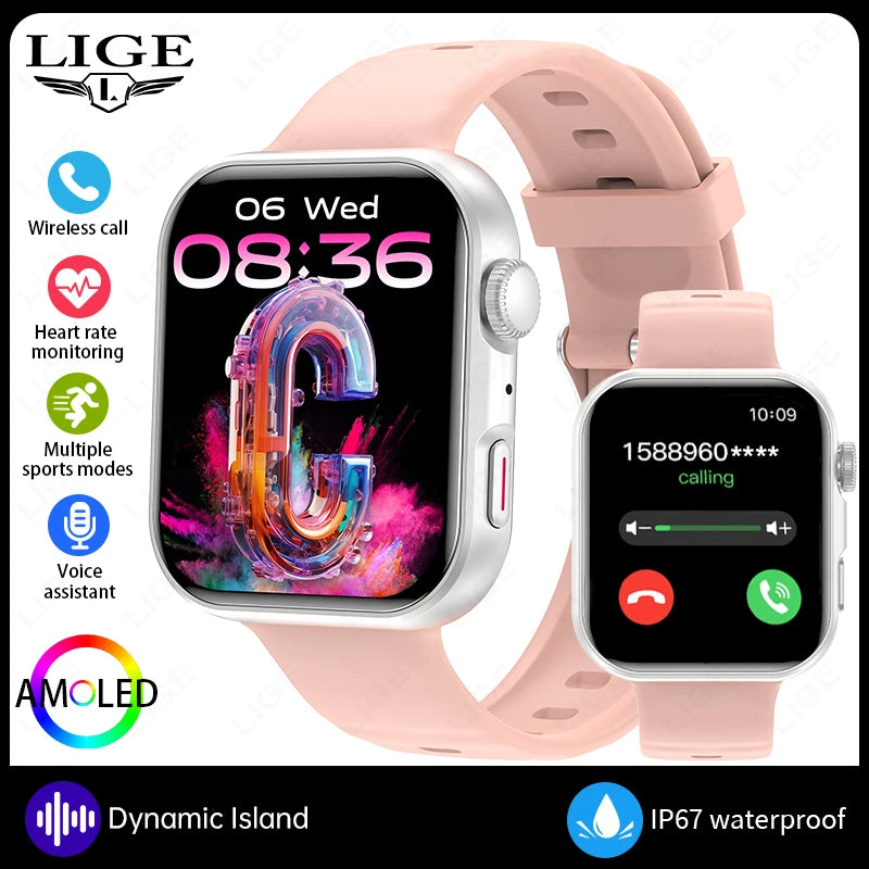 LIGE New Bluetooth Call 1.83" AMOLED Smart Watch For Android IOS Dynamic Island Men Women Sports Fitness Blood Oxygen Smartwatch
