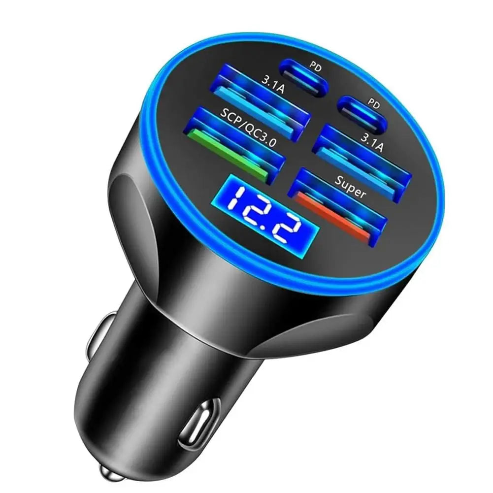 300W 4USB + 2PD Car Fast Charger  – 6 Ports Type C PD Quick Charge 3.0 Car Charger with LED Voltage Display
