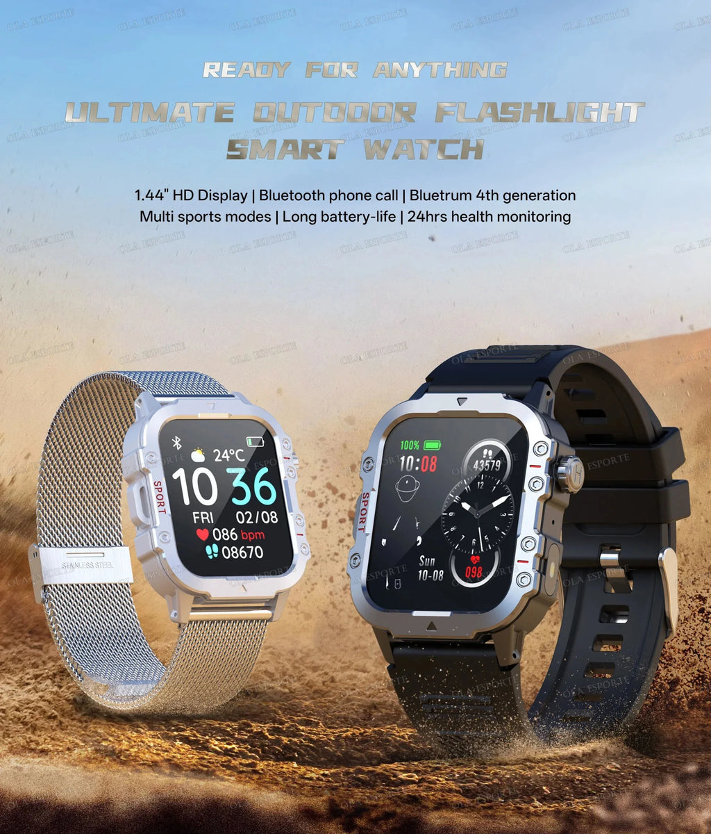 Military Outdoor Smart Watch Men’s GPS Tracking Flashlight Bluetooth Call 2.01" AMOLED Screen 5ATM Waterproof Sports Smartwatch