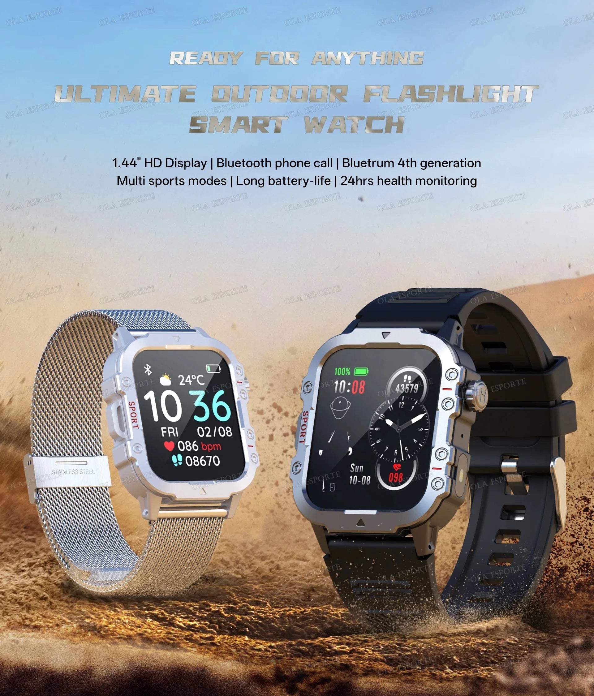 Military Outdoor Smart Watch Men’s GPS Tracking Flashlight Bluetooth Call 2.01" AMOLED Screen 5ATM Waterproof Sports Smartwatch