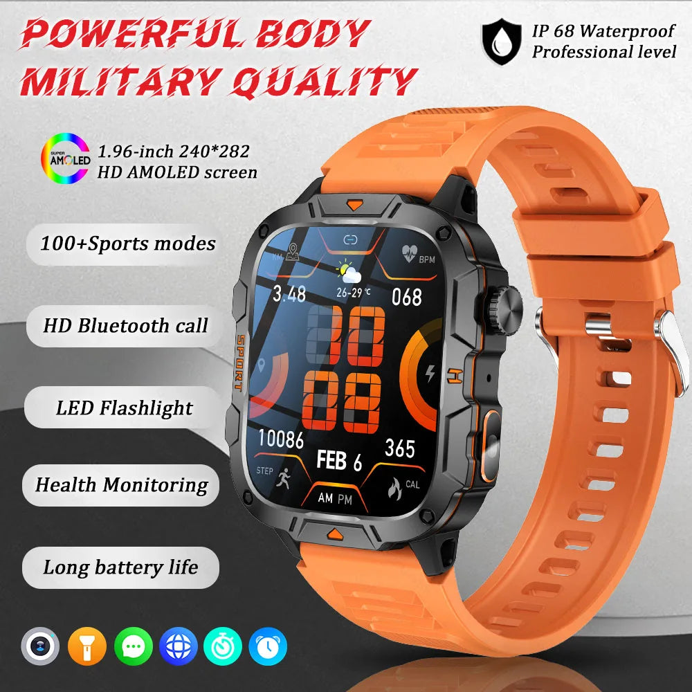 2026 New Rugged Smart Watch Men 1.96" AMOLED BT Call 5ATM Waterproof GPS Heart Rate Monitor LED Flashlight Military Sports Watch