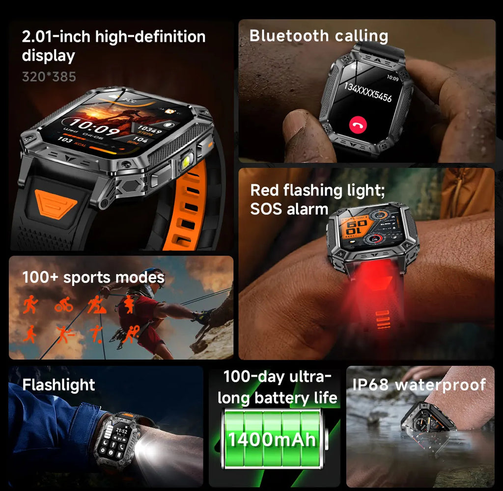 2026 Military 5ATM Waterproof Smart Watch Men 1400mAh Battery GPS Tracks 2.01" HD AMOLED Bluetooth call Sport Fitness Smartwatch