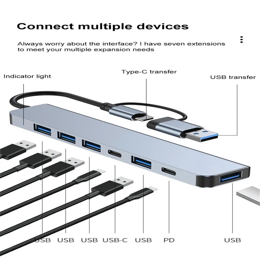 1 To 7 Type-c Expansion Dock Hub Multi Interface Multifunctional 7-in-1 USB Splitter Aluminum Alloy Grey Type-C Docking Station