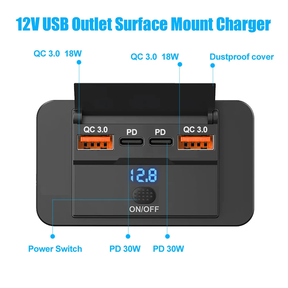 Dual PD Dual QC 3.0 USB Car Charger 12V RV USB Outlet Panel 108W Fast Charge Socket with Switch & Voltmeter for Boat Motorcycle
